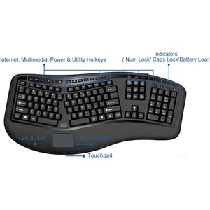 Adesso 2.4GHz Wireless Ergonomic Touchpad Keyboard - Wireless Connectivity - RF - 30 ft - 2.40 GHz - USB Interface - 105 K