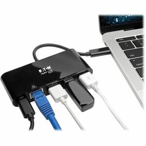 Eaton Tripp Lite Series 3-Port USB-C Hub - USB 3.x (5Gpbs) Hub Ports, Gigabit Ethernet, 60W PD Charging, Black - USB Type 