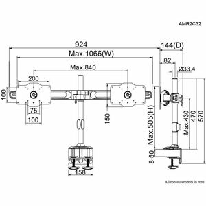 Amer AMR2C32 Clamp Mount for Monitor - Landscape/Portrait - TAA Compliant - Height Adjustable - 2 Display(s) Supported - 8