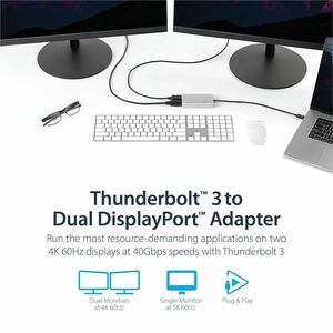 StarTech.com Thunderbolt 3 to Dual DisplayPort Adapter - 4K 60Hz Dual Monitor TB3 DisplayPort 1.2 Video Adapter - Thunderb