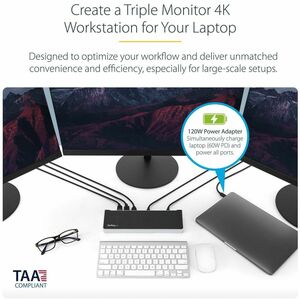 StarTech.com 4K USB-C Dock, Triple UHD 4K Monitor Docking Station, Mac & Windows, HDMI & DisplayPort, 60W PD, 5x USB 5Gbps