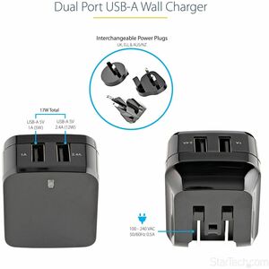 StarTech.com Travel USB Wall Charger - 2 Port - Black - Universal Travel Adapter - International Power Adapter - USB Charg