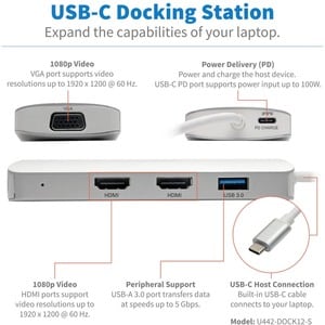 Tripp Lite USB C Docking Station w/USB Hub, 2x HDMI, VGA, PD Charging 1080p, USB Type C, USB-C, USB Type-C - for Notebook/