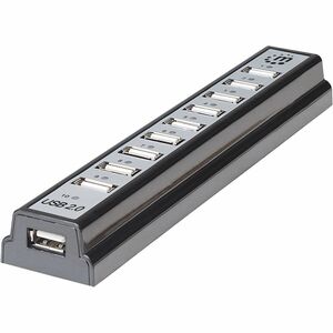 USB-A 10-Port Desktop Hub, 10x USB-A Ports, 480 Mbps (USB 2.0), Bus or AC Power, Hi-Speed USB, Black, Three Year Warranty 