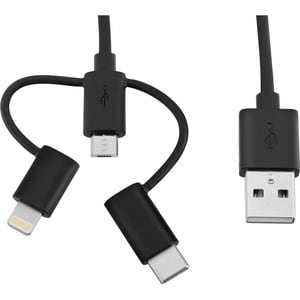 V7 Black USB Cable USB 2.0 A Male to Micro USB Male, Lightning Male, USB-C Male 1m 3.3ft