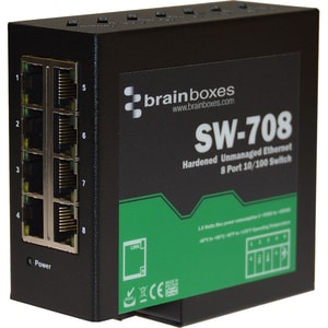 Brainboxes Hardened Industrial Ethernet 8 Port Switch DIN Rail Mountable - 8 Ports - TAA Compliant - 2 Layer Supported - T