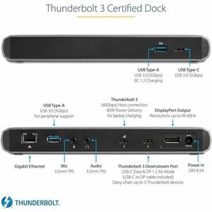 StarTech.com Thunderbolt 3 Dock - Dual Monitor 4K 60Hz TB3 Laptop Docking Station with DisplayPort - 85W Power Delivery - 