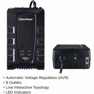 CyberPower CP800AVR AVR UPS Systems - 800VA/450W, 120 VAC, NEMA 5-15P, Compact, 8 Outlets, PowerPanel® Personal, $200000 C