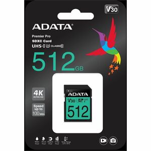 Adata Premier Pro 512 GB Class 10/UHS-I (U3) V30 SDXC - 100 MB/s Read - 80 MB/s Write - Lifetime Warranty