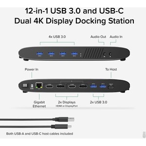 Plugable USB 3.0 Dual 4K Display Horizontal Docking Station with DisplayPort and HDMI for Windows and Mac - (Dual 4K Displ