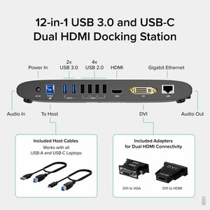 USB-C Dock, Dual Monitor, DVI, HDMI, VGA, Gigabit Ethernet