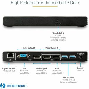 StarTech.com Thunderbolt 3 Dock, Dual 4K 60Hz Monitor TB3 Docking Station with DisplayPort, HDMI & 1080p VGA, 85W Power De