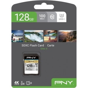 Carte SDXC PNY Elite-X - 128 Go - Classe 10/UHS-I (U3) - 100 Mo/s en Lecture - 5 an(s) Garantie