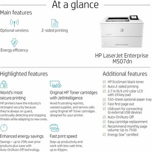 Imprimante laser Bureau HP LaserJet Enterprise M507 M507dn - Monochrome - Impression 45 ppm Mono - 1200 x 1200 dpi - Recto