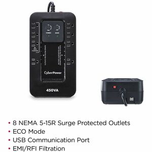 CyberPower EC450G Ecologic UPS Systems - 450VA/260W, 120 VAC, NEMA 5-15P, Compact, 8 Outlets, PowerPanel® Personal, $10000