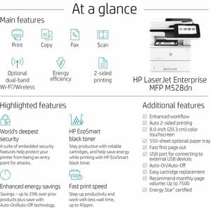 HP LaserJet M528dn Laser Multifunction Printer - Monochrome - Copier/Printer/Scanner - 43 ppm Mono Print - 1200 x 1200 dpi