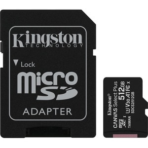 Kingston Canvas Select Plus SDCS2 512 GB Class 10/UHS-I (U3) microSDXC - 1 Pack - 100 MB/s Read - 85 MB/s Write - Lifetime