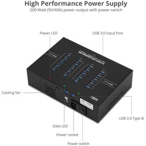 SIIG 20-Port Industrial USB 3.0 Hub with Charging - 200W - USB 3.0 Type B - External 20 USB 5Gbps Type-A Port(s) - 20 USB 