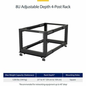 StarTech.com Rack Serveur Mobile 8U à 4 Montants, Rack Réseau 19" avec Roulettes, Rack Roulant, Profondeur Ajustable pour 