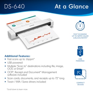 Brother DSMobile DS-640 Sheetfed Scanner - 600 dpi Optical - 24-bit Color - 8-bit Grayscale - 16 ppm (Mono) - 16 ppm (Colo