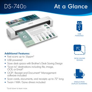 Brother DSMobile DS-740D Sheetfed Scanner - 600 dpi Optical - 24-bit Color - 8-bit Grayscale - 16 ppm (Mono) - 16 ppm (Col