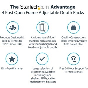 StarTech.com 4-Post 18U Mobile Open Frame Server Rack, 19" Network Rack with Casters, Rolling Rack for Computer/AV/Data/IT