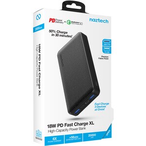 Naztech 20000mAh 18W PD+QC Fast Charge High-Capacity Fabric Power Bank - For USB Device, Mobile Phone - 20000 mAh - 5 V DC