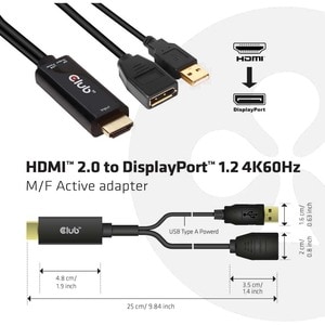 Club 3D HDMI to DisplayPort 4K60Hz M/F Active Adapter - 9.84" DisplayPort/HDMI/USB A/V Cable for Audio/Video Device, Xbox,