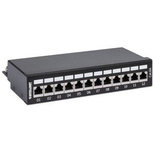 Patch Panel, Cat6a, FTP, 12-Port, Desktop, Shielded, 90° Top-Entry Punch Down Blocks, Black - 12 x RJ-45 - Desktop