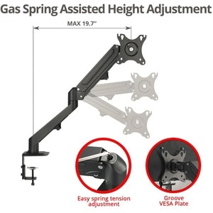 SIIG Single Gas Spring C-Clamp Monitor Desk Mount - 17" to 27" - Full Motion Articulating Monitor Arm - 75 x 75 / 100 x 10