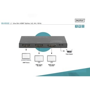 Digitus UltraSlim DS-45322 Signalverteiler - Metall - 4096 x 2160 - 1 x HDMI Ein - 2 x HDMI Aus - USB