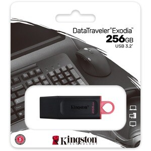 Kingston DataTraveler Exodia 256GB USB 3.2 (Gen 1) Flash Drive - 256 GB - USB 3.2 (Gen 1) - Black, Pink - 5 Year Warranty