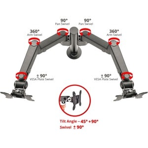 SIIG Dual Arm Pole Multi-Angle Replaceable Articulating Monitor Desk Mount - 14" to 30" - Max Load 17.6lbs each - Expandab