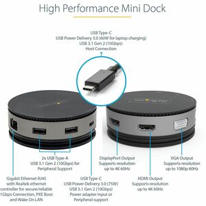 StarTech.com USB C Multiport Adapter - USB Type-C 10Gbps Mini Dock 4K 60Hz HDMI/DisplayPort/1080p VGA - 75W PD Passthrough