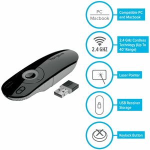 Targus Presentation Pointer - Radio Frequency - USB - Laser - Black, Gray - Wireless - 15.24 m - 2.40 GHz