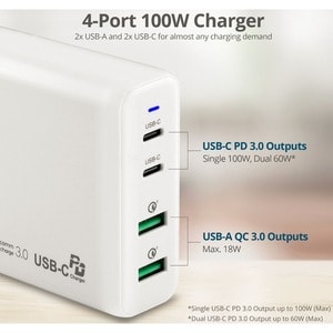 SIIG 100W Dual USB-C PD 3.0 PPS & QC 3.0 Combo Power Charger - White - Powerfull 4-Port high-power charger with two USB-C 