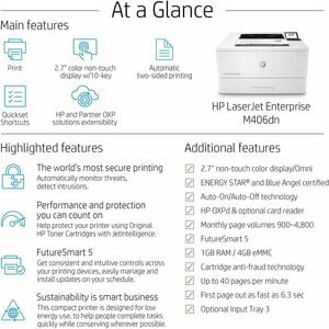 HP LaserJet Enterprise M406dn Desktop Laser Printer - Monochrome - 40 ppm Mono - 1200 x 1200 dpi Print - Automatic Duplex 