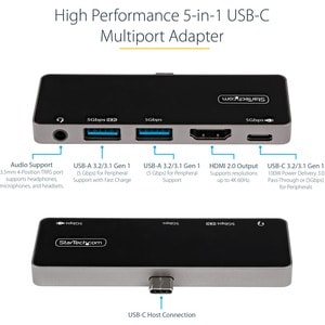 StarTech.com USB C Multiport Adapter, USB-C to 4K 60Hz HDMI, 100W PD Pass-Through, 3xUSB, Audio, USB-C Mini Dock, Portable