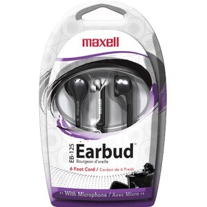 Maxell On-Earbud with MIC - Mini-phone (3.5mm) - Wired - Earbud - In-ear - 6 ft Cable - Black RUBBERIZED EAR TIP 6 CORD