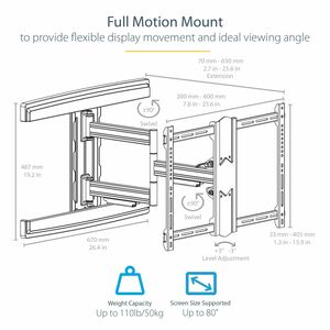 StarTech.com TV Wall Mount for up to 80" VESA Mount Displays - Low Profile Full Motion TV Mount - Heavy Duty Adjustable Ar