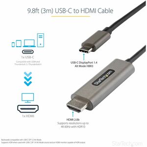 StarTech.com Cable USB-C a HDMI de 3m 4K 60Hz con HDR10 - Cable Adaptador de Video Ultra HD USB Tipo-C a HDMI 2.0b - DP 1.