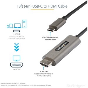 StarTech.com 13ft (4m) USB C to HDMI Cable 4K 60Hz with HDR10, Ultra HD USB Type-C to HDMI 2.0b Video Adapter Cable, DP 1.