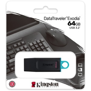 Kingston DataTraveler Exodia 64GB USB 3.2 (Gen 1) Flash Drive - 64 GB - USB 3.2 (Gen 1) - Black, Teal