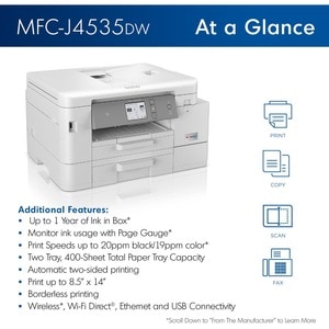 MFC-J4535DW INKvestment Tank All-in-One Multifunction Colour Inkjet Printer - Copier/Fax/Printer/Scanner - 4800 x 1200 dpi