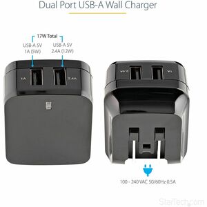 StarTech 2 Port USB Wall Charger, 17W Wall Charger Hub (2.4A & 1A port), Dual USB-A Power Adapter, Portable Charger for Ph