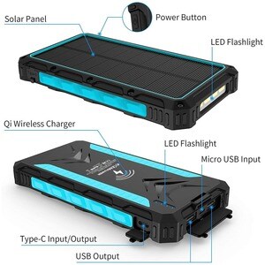 4XEM 20,000 maH Mobile Solar Power Bank and Charger (Blue) - 20,000 maH Mobile Solar Power Bank and Charger fitted for wir