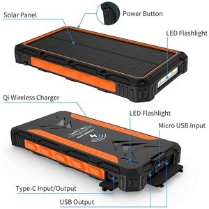 4XEM 20,000 maH Mobile Solar Power Bank and Charger (Orange) - 20,000 maH Mobile Solar Power Bank and Charger fitted for w