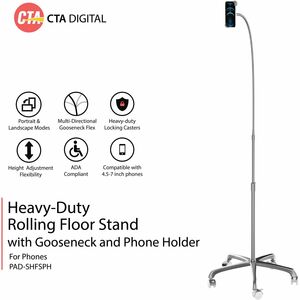 CTA Digital Heavy-Duty Rolling Floor Stand with Gooseneck and Phone Holder - Up to 7" Screen Support - 58" Height - Floor 
