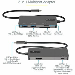 StarTech.com USB C Multiport Adapter, USB-C to 4K HDMI, 100W PD Pass-through, SD/MicroSD, 3xUSB 3.0, USB Type-C Mini Dock,