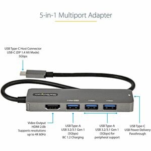 StarTech.com USB C Multiport Adapter, USB-C to HDMI 4K 60Hz (HDR10), 100W PD Pass-Through, 4xUSB 3.0, USB Type-C Mini Dock